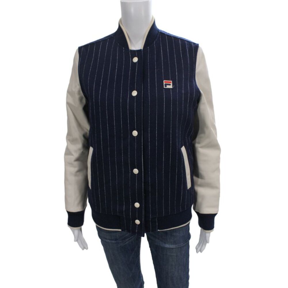 Bandier Unisex Varsity Jacket Dark Blue Striped Wool Blend Size XS